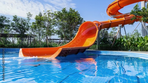 A family-friendly water slide scene with an orange slide that gently slopes into a safe, shallow blue pool, perfect for a kids' aqua park advertisement.