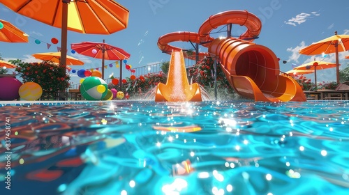 A festive aqua park scene with an orange water slide surrounded by colorful umbrellas and beach balls, leading into a shimmering blue pool.
