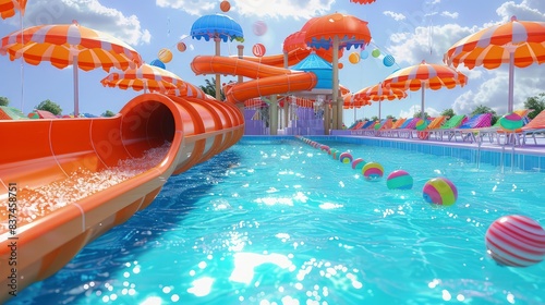 A festive aqua park scene with an orange water slide surrounded by colorful umbrellas and beach balls, leading into a shimmering blue pool.