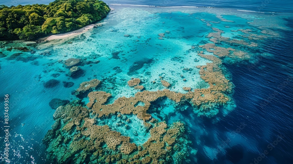 Fototapeta premium Aerial view of a coral atoll surrounded by clear water