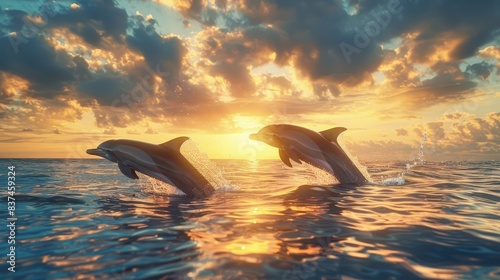 Sunset over a marine sanctuary with dolphins photo