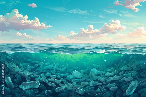Artistic illustration of the ocean filled with plastic waste, raising awareness photo
