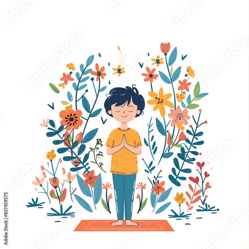 Young boy practicing mindfulness surrounded vibrant colorful flowers, calm peaceful expression, standing mat, nature inspired. Child meditation pose, serene garden setting, floral backdrop
