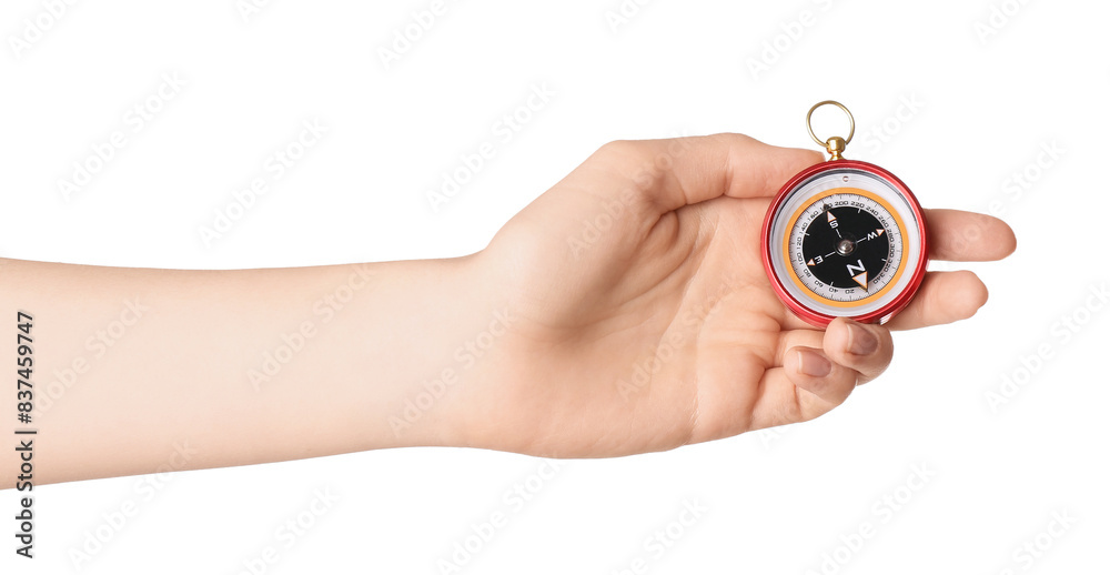 Woman holding compass on white background, closeup Woman holding compass on white background, closeup