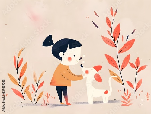Minimalist Illustration of a Girl Playing with Her Dog Puppy in Simple Cute Drawing Style