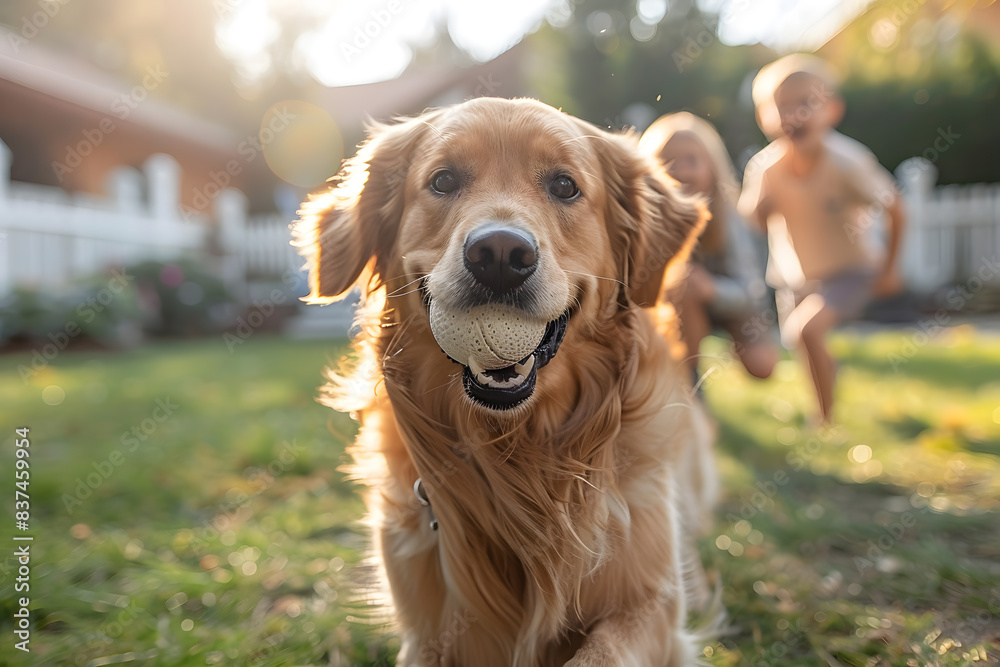 A friendly golden retriever playing fetch with happy family in sunlit backyard. Dog is running with ball in mouth, children laughing, scene is brightly lit, neutral green lawn and white fence.