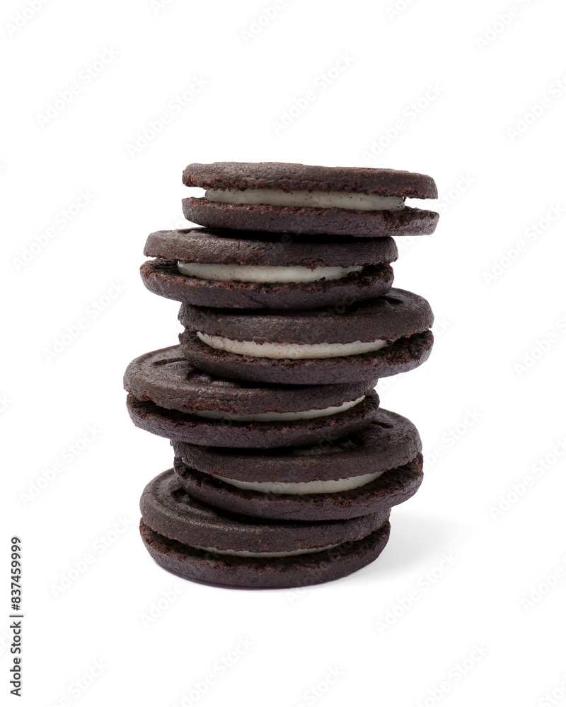 Stack of tasty sandwich cookies isolated on white