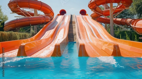 A vibrant scene with an orange double water slide where two slides run parallel, ending in a large pool of sparkling blue water, perfect for competitive slide races.