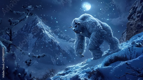 A Yeti during a snowy night, its figure illuminated by the moonlight as it moves silently through the snow-covered mountain terrain. © Nazia