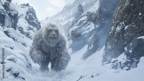 A Yeti navigating through deep snow in a secluded mountain valley, with the crisp, white landscape highlighting its powerful, elusive presence. photo