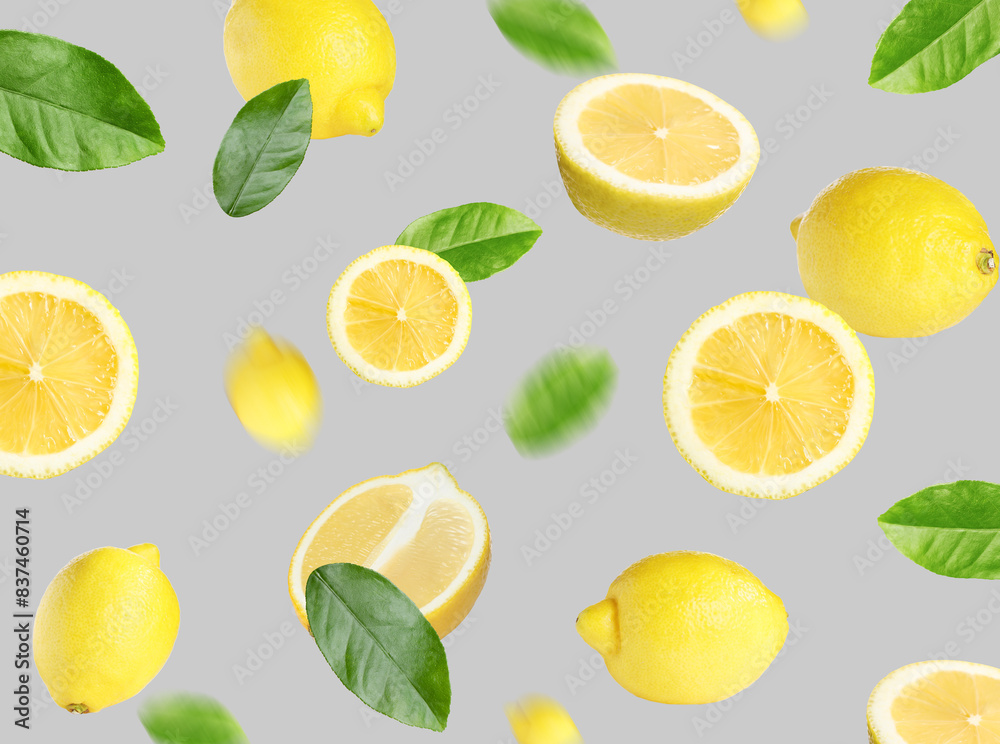 Fresh lemons and green leaves flying on grey background