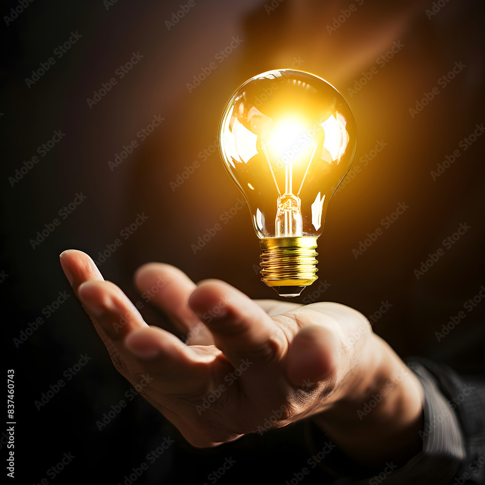 Conceptual image of a bright light bulb floating above a man's open hand, symbolizing innovation and ideas Conceptual image of a bright light bulb floating above a man's open hand, symbolizing innovation and ideas