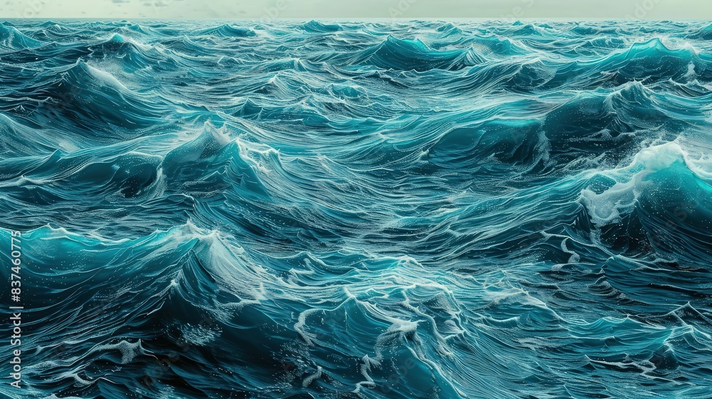 An endless backdrop of choppy ocean waves, each wave individually detailed in shades of blue, creating a sense of depth and movement.