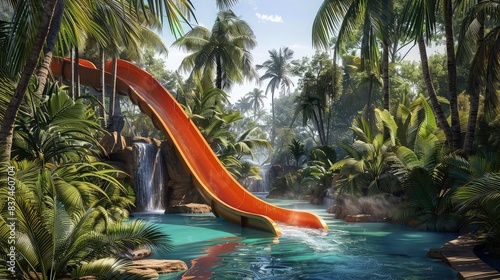 An artistic representation of an orange water slide slicing through a tropical landscape, its end cascading into a sapphire blue pool surrounded by palm trees.