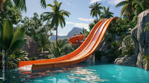 An artistic representation of an orange water slide slicing through a tropical landscape, its end cascading into a sapphire blue pool surrounded by palm trees.