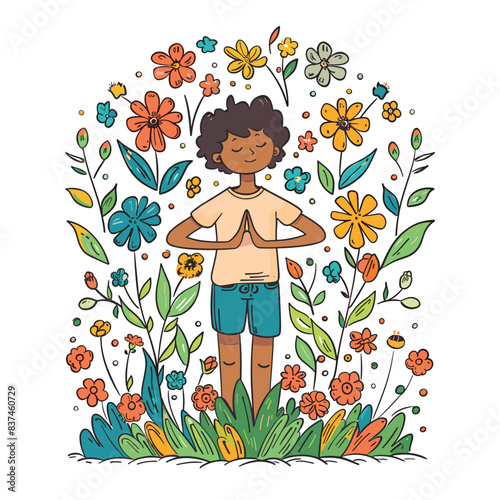 Black child meditating peaceful among colorful flowers, nature scene. Young boy relaxing, practicing yoga surrounded flora. Cartoon character finds tranquility, calmness blooming garden