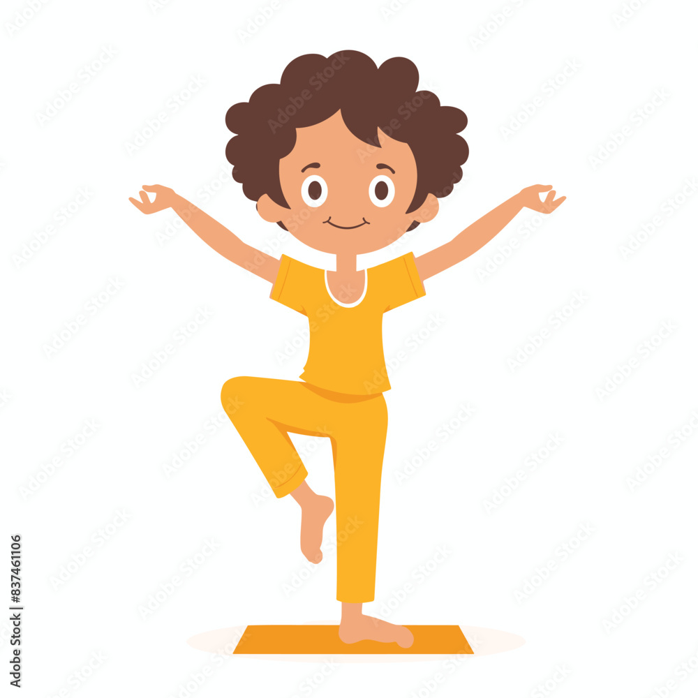 Fototapeta premium Young boy practicing yoga tree pose smiling. Child exercising balance fitness wellness cartoon character. Happy kid performing yoga pose orange sportswear isolated white background