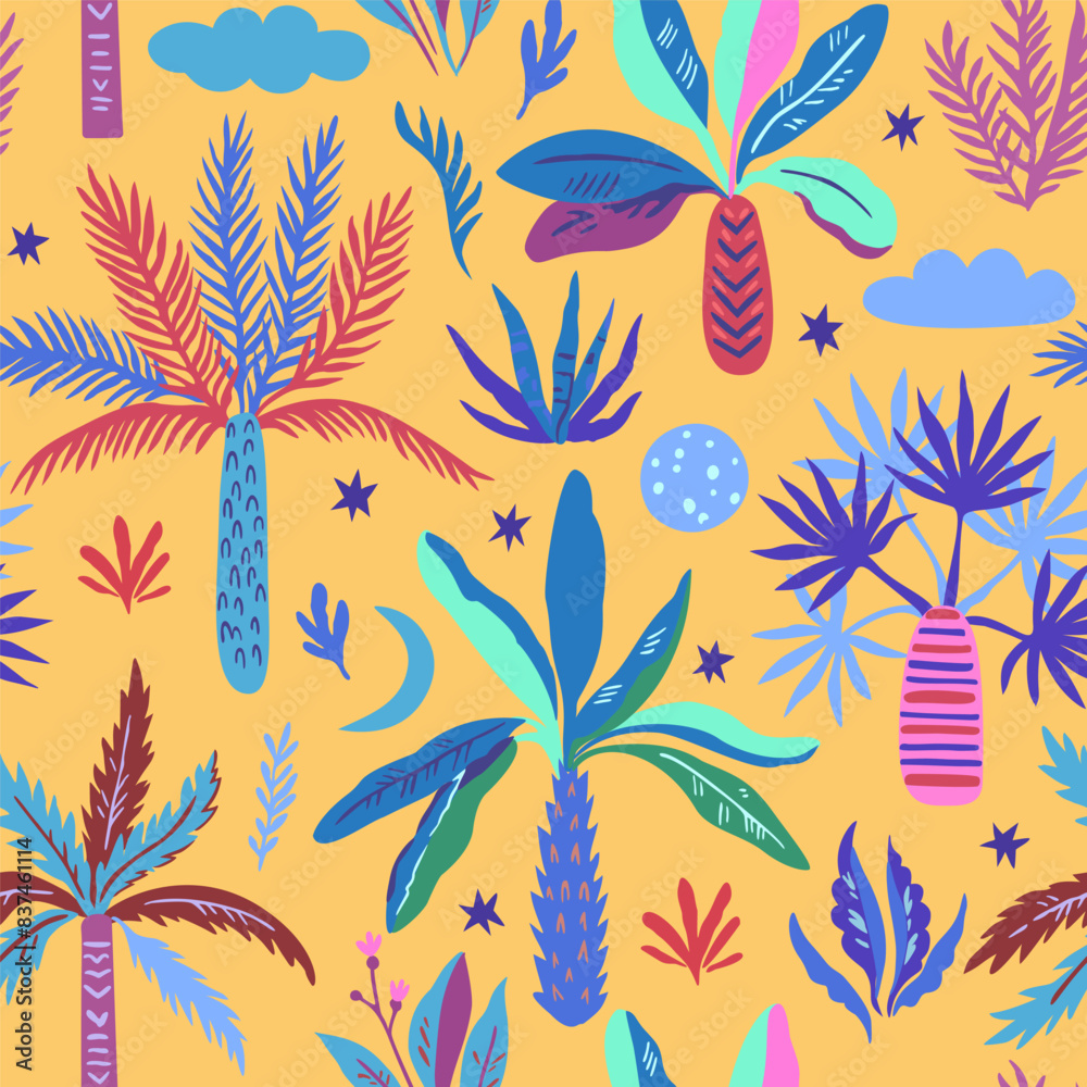 Fototapeta premium Seamless pattern with doodle palm trees moon and stars. Print with exotic mystical trees. Vector illustration.