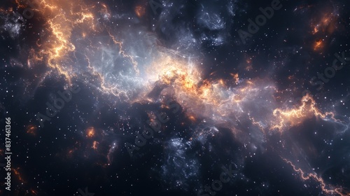 Distant nebulae cast their light on the dark expanse, revealing space's beauty and mystery. photo