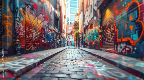 A narrow urban alleyway covered in vibrant graffiti