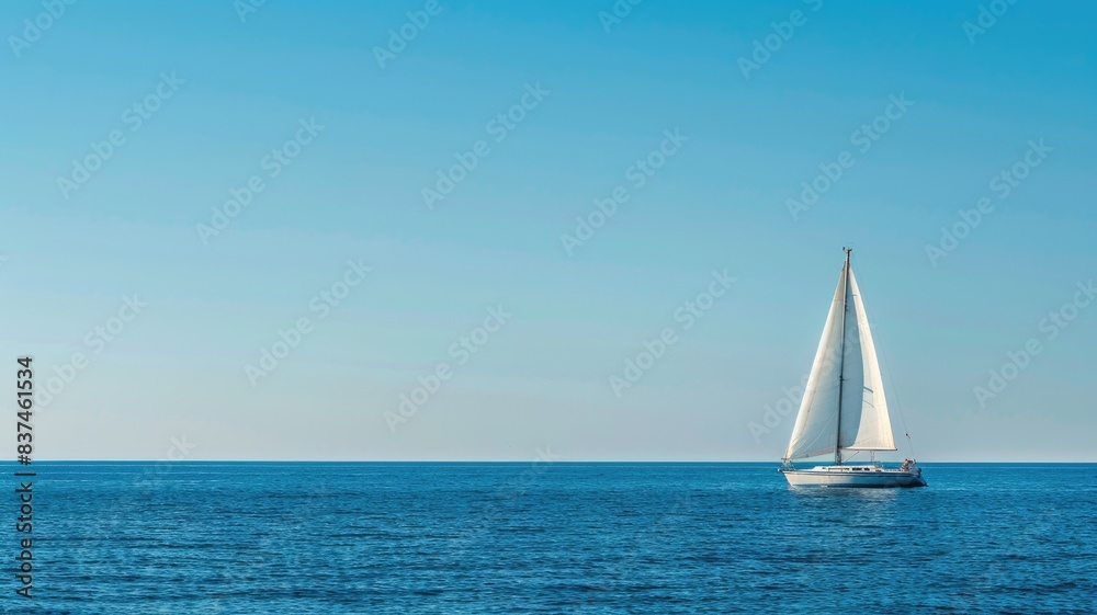 Fototapeta premium Sailboat glides on vast, calm ocean under clear sky