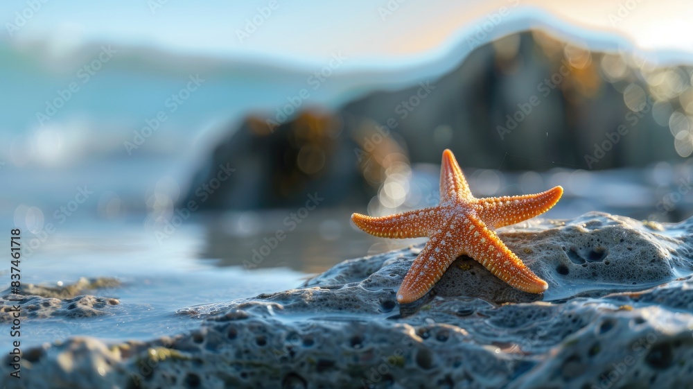 Orange starfish on rocky shore with ocean in background Orange starfish on rocky shore with ocean in background