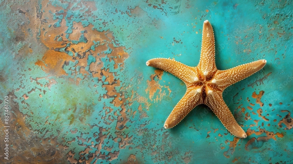 Starfish on rusted turquoise surface with textured patterns Starfish on rusted turquoise surface with textured patterns