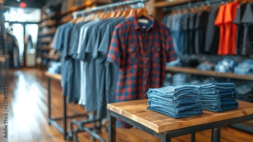 A beautifully arranged modern retail clothing store showcasing neatly folded denim jeans on a wooden table with hanging shirts in the background © aicandy