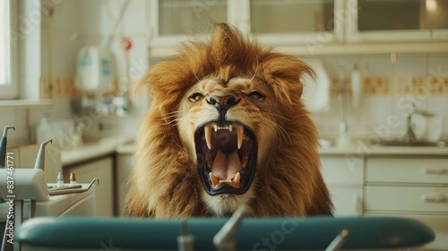 creative advertising for a dental clinic. lion at the dentist