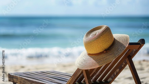 Straw hat on wooden lounge chair facing serene beach with gentle waves