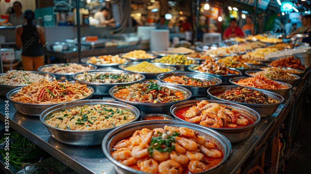 A bustling night market food stall showcasing an array of delectable dishes in metal bowls, highlighting the vibrant culture and diversity of Asian street cuisine