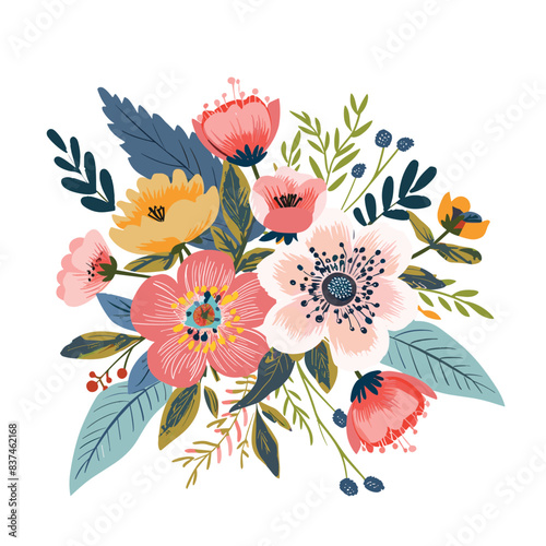 Handdrawn colorful floral arrangement, bouquet various flowers leaves. Artistic botanical illustration, vibrant pink, yellow, blue hues dominate. Elegant decorative design suitable greeting cards