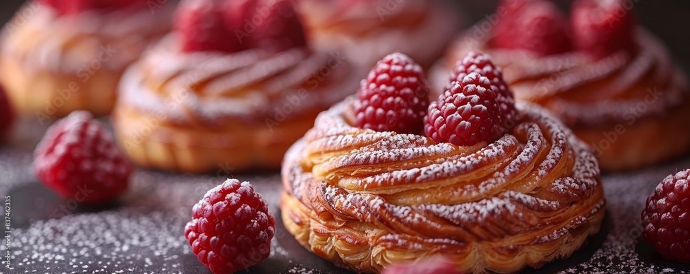 A delicious close-up of beautifully crafted raspberry pastries dusted with powdered sugar, showcasing their intricate details and vibrant colors, inviting indulgence A delicious close-up of beautifully crafted raspberry pastries dusted with powdered sugar, showcasing their intricate details and vibrant colors, inviting indulgence