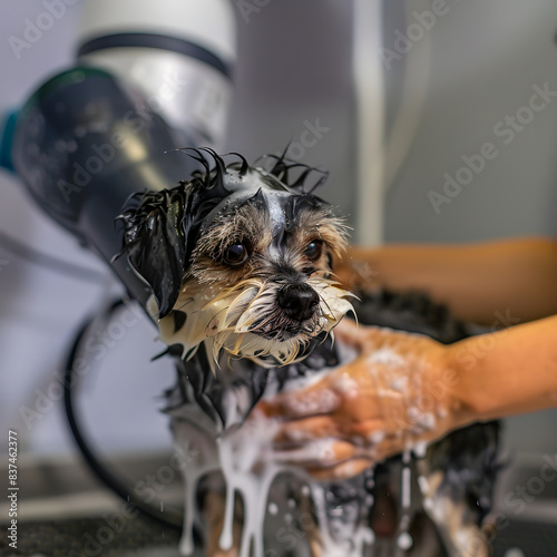 Closeup of a small, lightcolored dog being washed and groomed in a pet salon, looking at the camera photo