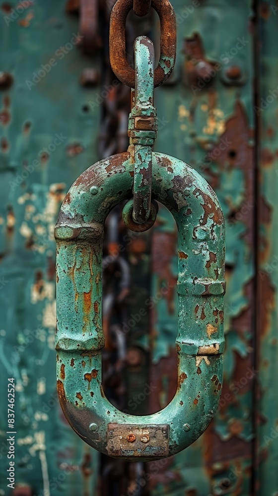 A heavily weathered metal loop showcasing corrosion and peeling paint delivers a rustic and industrial aesthetic with a patina of time and age A heavily weathered metal loop showcasing corrosion and peeling paint delivers a rustic and industrial aesthetic with a patina of time and age