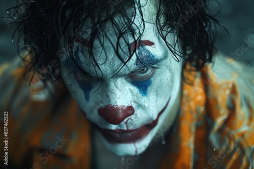 A haunting close-up image depicts an individual with disheveled hair and intense eyes, wearing clown makeup featuring red, white, and blue hues, creating a striking and eerie atmosphere photo