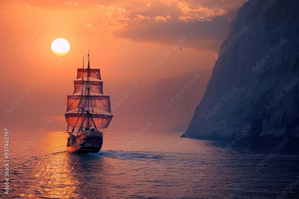 A majestic sailing ship with billowing red sails navigates tranquil waters at sunset, casting an enchanting silhouette against a dramatic coastal cliff