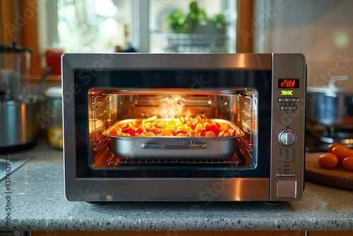 A modern stainless steel countertop oven baking a dish of roasted vegetables, situated in a home kitchen with natural daylight streaming through the window and various kitchen items in the background