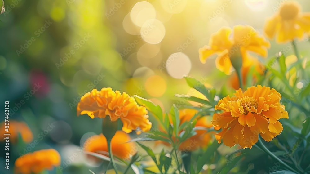 Close-up of vibrant orange marigold flowers in sunlit garden Close-up of vibrant orange marigold flowers in sunlit garden