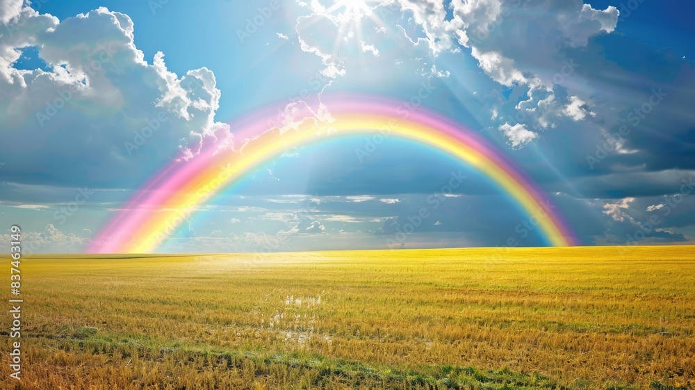 Vibrant rainbow arches over sunny, golden field and cloudy sky