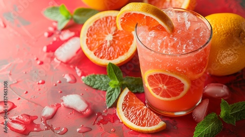 A refreshing and vibrant ruby red grapefruit cocktail garnished with fresh citrus slices and mint leaves, served on a colorful and artistic background drenched in natural light