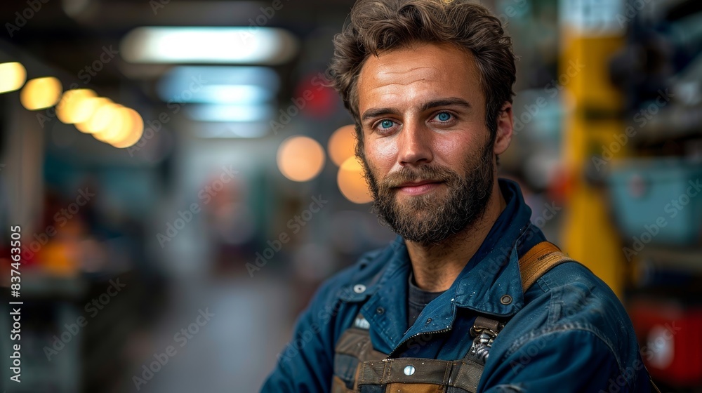 Obraz premium A skilled worker in a workshop setting, displaying confidence and expertise with a focused and determined expression, surrounded by equipment and tools