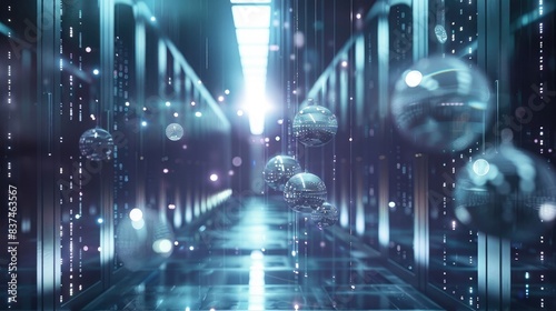 Data center or cloud storage concept. Abstract design interior of server room in data center. Futuristic space with digital electronic equipment. Data Spheres hanging over floor in digital cyberspace