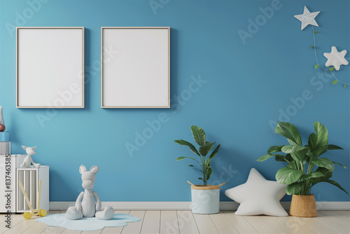 Mock up posters in child room interior, posters on empty blue wall background