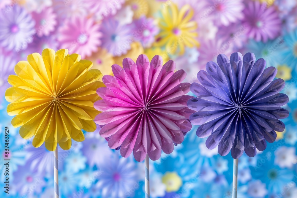 Fototapeta premium A vibrant image featuring colorful paper pinwheels set against a dreamy background of blurred flowers in various hues of yellow, pink, and purple