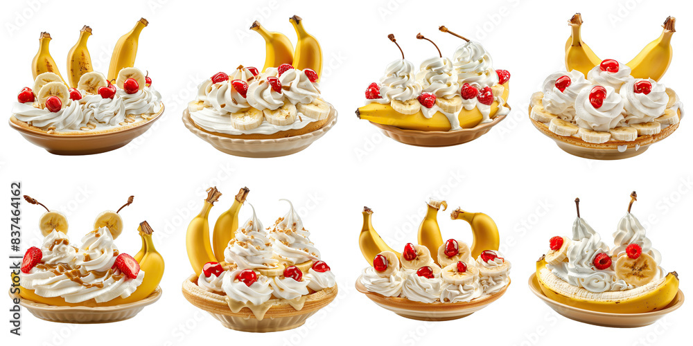 Set of Banana Split With Whipped Cream isolated on transparent png background. Generative ai Set of Banana Split With Whipped Cream isolated on transparent png background. Generative ai
