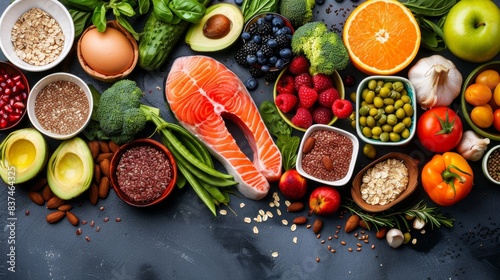 Mediterranean Diet Essentials with Fresh Ingredients. An assortment of fresh Mediterranean diet ingredients including salmon  tomatoes  and avocados  arranged artistically on a rustic surface.