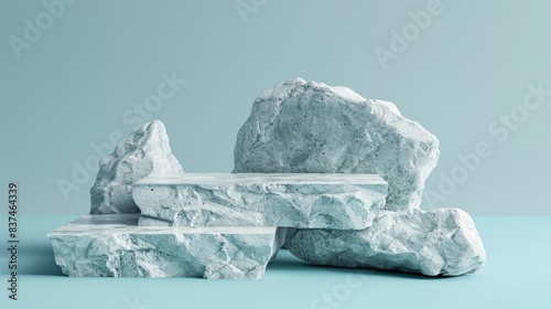 A broken stone podium displayed on a blue background. generative ai