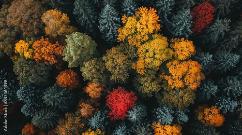 Aerial view of a vibrant forest in autumn, showcasing an array of colorful trees with leaves in shades of orange, yellow, red, and green, surrounded by evergreen trees