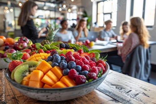 Group of women having a casual meeting in a modern bright office environment with a focus on a bowl filled with vibrant fresh fruit on a wooden table photo